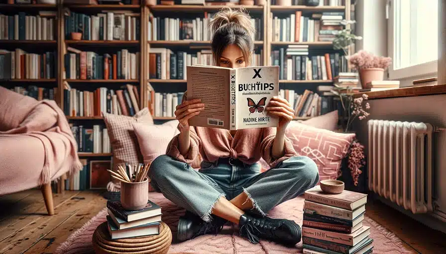 Eine Frau liest ein Buch vor einem Bücherregal.