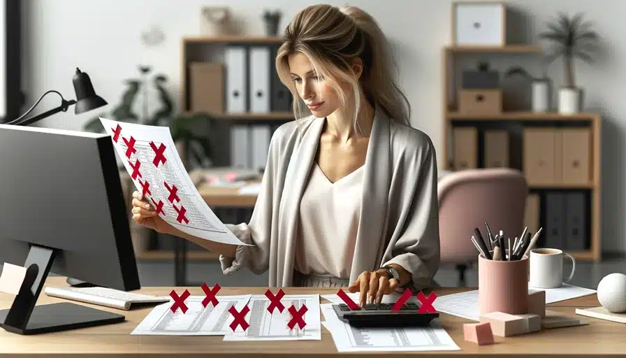 Eine Frau sitzt mit Papieren und roten Schleifen an einem Schreibtisch.