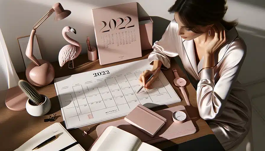 Eine Frau schreibt in einen Kalender.