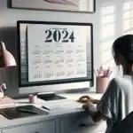 Eine Frau arbeitet an ihrem Schreibtisch mit einem Kalender auf dem Bildschirm.