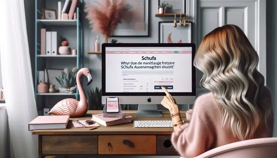Eine Frau sitzt an ihrem Computer mit einem rosa Flamingo auf ihrem Schreibtisch.