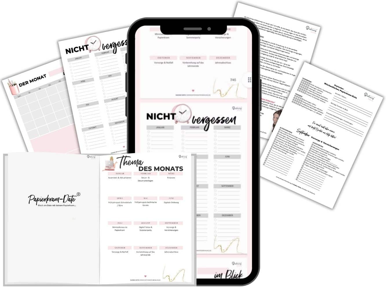 Ein Smartphone, auf dem eine digitale Planungs-App angezeigt wird, ist von gedruckten Planungsseiten umgeben, darunter Monats- und Wochenabschnitte, eine Checkliste und motivierende Zitate.