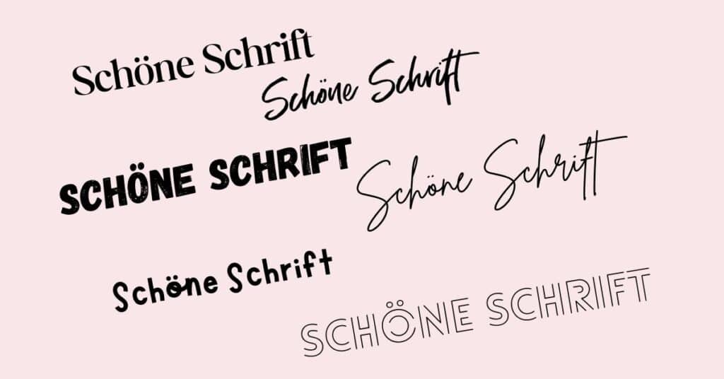 Das Bild zeigt den Satz „Schöne Schrift“ in sechs verschiedenen Schriftarten auf beigem Hintergrund.