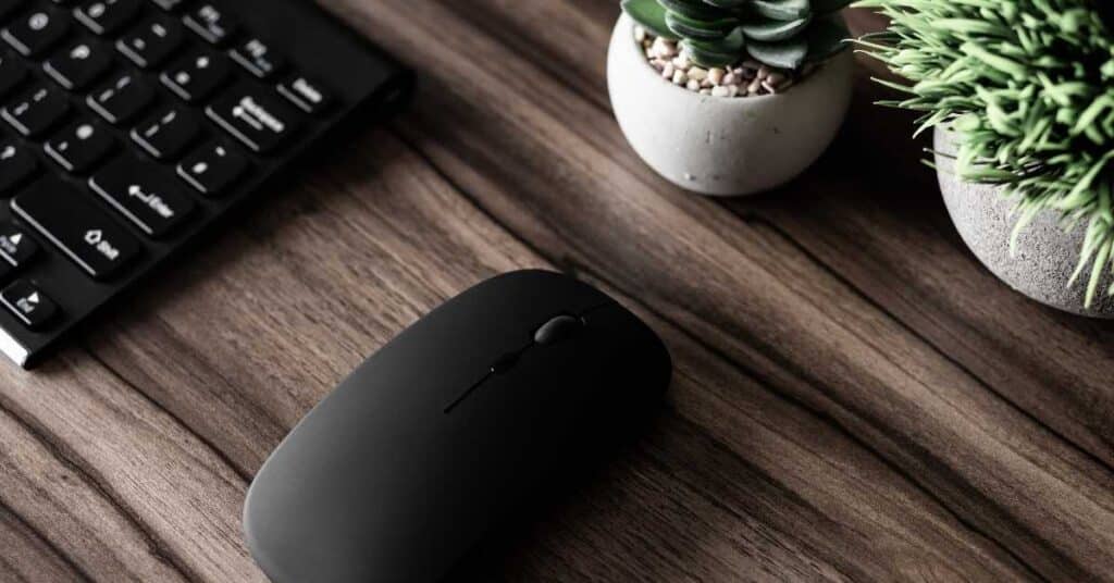 Eine schwarze Computermaus auf einem Holzschreibtisch neben einer Tastatur und zwei kleinen Topfpflanzen.