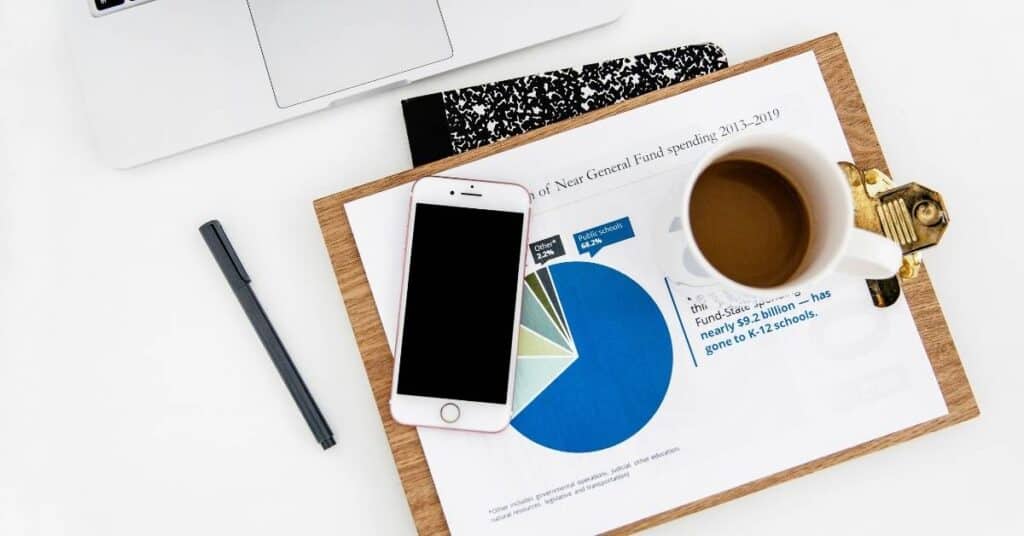 Ein Schreibtisch mit einem Laptop, einem Stift, einem Notizbuch, einem Smartphone, Kaffee und einem Klemmbrett mit einem Kreisdiagramm mit der Aufschrift „Ihre allgemeinen Haushaltsausgaben 2013–2019“.