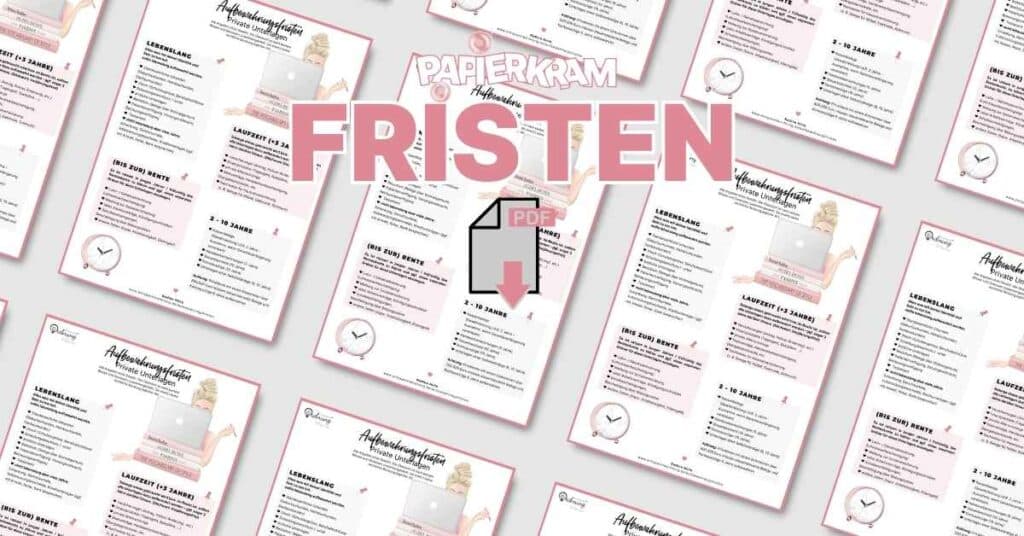 Digitale Grafik, die mehrere Kopien eines Dokuments mit dem Titel „Fristen“ und einem PDF-Download-Symbol in der Mitte zeigt.