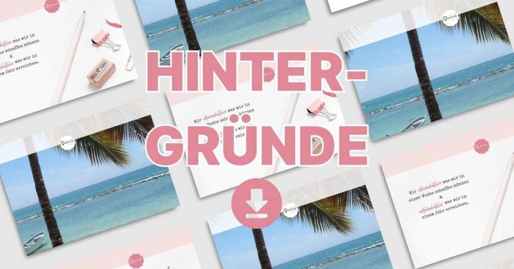Collage aus tropischen Strandszenen mit Text „Hintergründe“ und einem Download-Symbol in der Mitte.