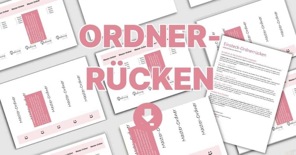 Verschiedene Dokumentvorlagen mit dem Text „Ordner Rücken“ in Pink, überlappend angeordnet.