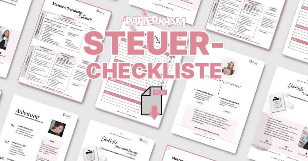 Ein PDF mit dem Titel „Steuer-Checkliste“ mit einer Collage aus steuerbezogenen Checklisten und Dokumenten auf Deutsch.