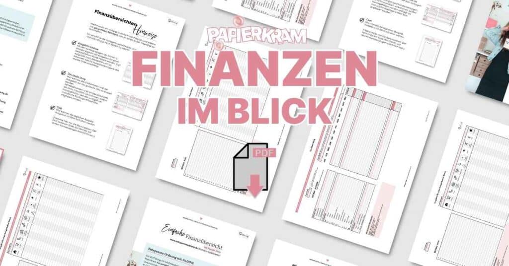 Eine Collage aus Dokumentvorlagen zum Thema Finanzen mit dem Text „Finanzen im Blick“ und einem PDF-Download-Symbol.