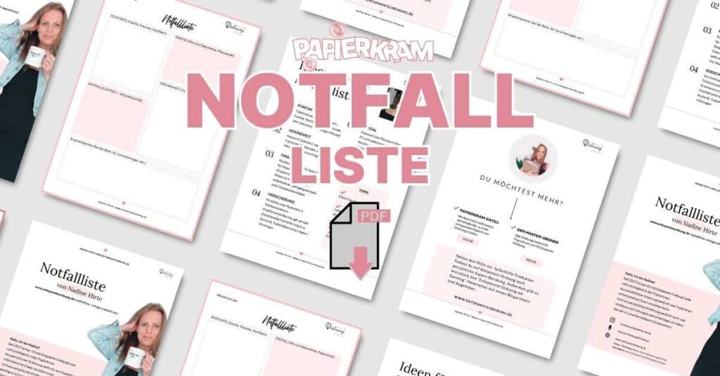 Abbildung verschiedener Notfalllisten-PDFs mit einem zentralen „Notfallliste“-Text und einer Person, die unten links eine Tasse hält.