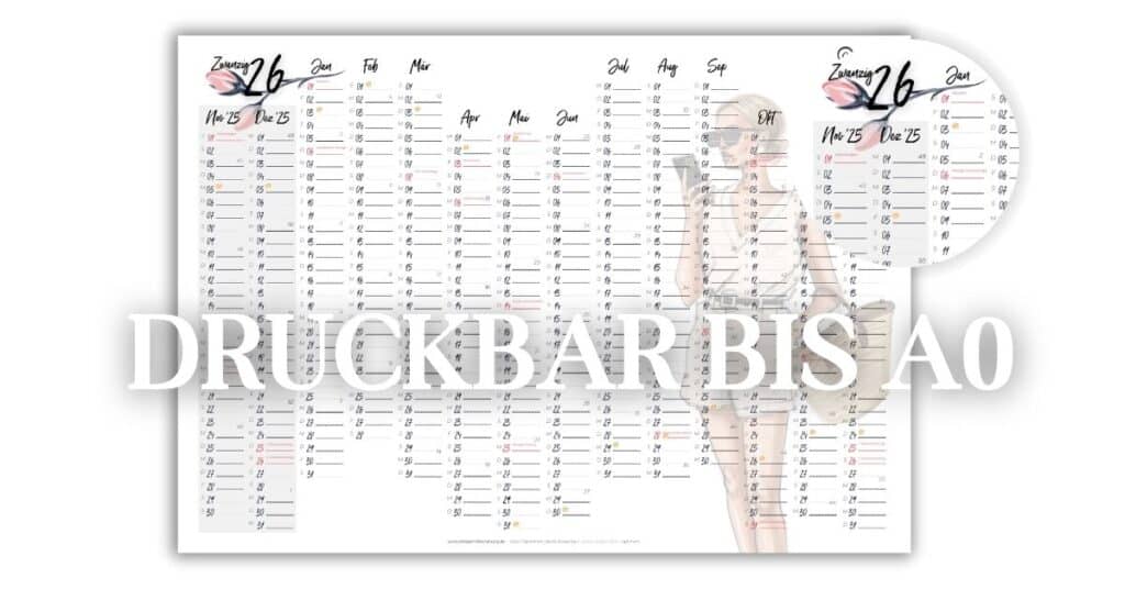 Ein Wandkalender 2026 in deutscher Sprache mit Monaten und Daten in Spalten, mit einer Illustration einer Frau in Freizeitkleidung auf der rechten Seite. Der Text darüber lautet "DRUCKBAR BIS A0". Passend zu unserem Kalender 2025 zum Ausdrucken.