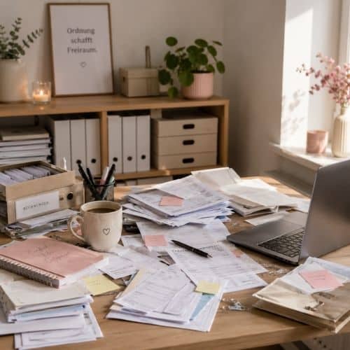 Ein überfüllter Schreibtisch mit Papierkram, Notizbüchern, Haftnotizen, einem Laptop, Stiften, einer Tasse und Pflanzen; im Hintergrund Regale mit Aktenordnern und einem gerahmten Zitat.